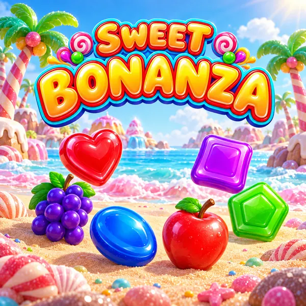 Kumsalda Sweet Bonanza yazısı ve oyunun şeker ve meyve sembolleri